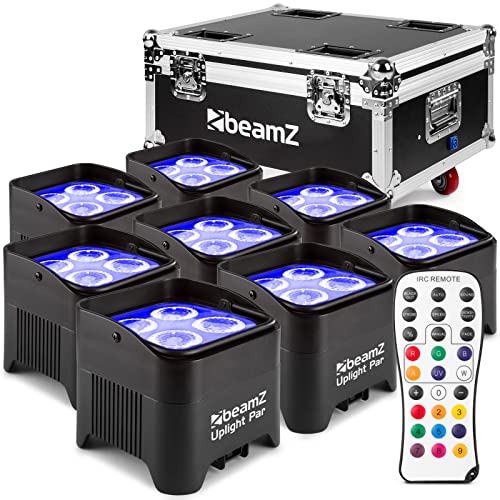 BeamZ BBP94 Akku LED Strahler Uplight 8er Set mit Flightcase zum aufladen, 40 Watt Effektstrahler, LED Spot, Bühnen Party Strahler, Lichteffekte, DMX, Fernbedienung, Soundmodus, Disco LED-Strahler von Beamz