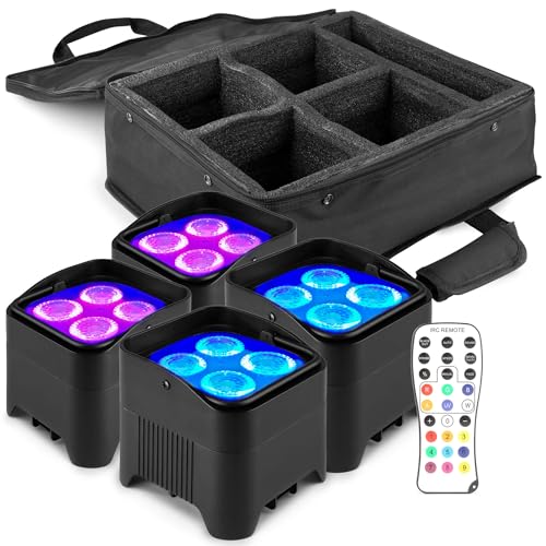 BeamZ BBP94W Akku LED Strahler Uplight 4er Set, 40 Watt LED Spot Bühnen Party Strahler mit Tasche, Bühnenbeleuchtung, Lichteffekte, Wireless DMX, Fernbedienung, Soundmodus, LED-Strahler von Beamz