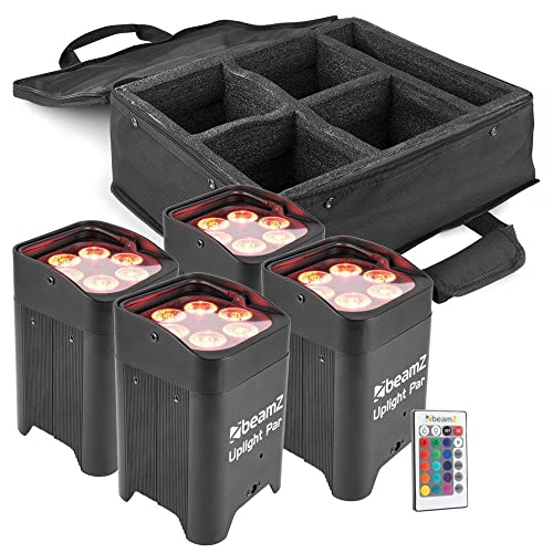 BeamZ BBP96 Akku LED Strahler Uplight 4er Set mit Tasche, IP20, Par LED Spot mit Wireless DMX, Bühnenbeleuchtung Set, Discolicht, Lichteffekte, Fernbedienung, Soundmodus, In- und Outdoor von Beamz