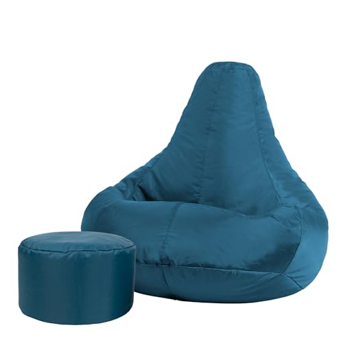 Bean Bag Bazaar Gaming Sitzsack „Recliner“, Gamer Sitzsack für Erwachsene und Kinder, Indoor Outdoor Sitzsack Sessel Gaming mit Füllung (Sitzsack + Hocker, Blaugrün) von Bean Bag Bazaar