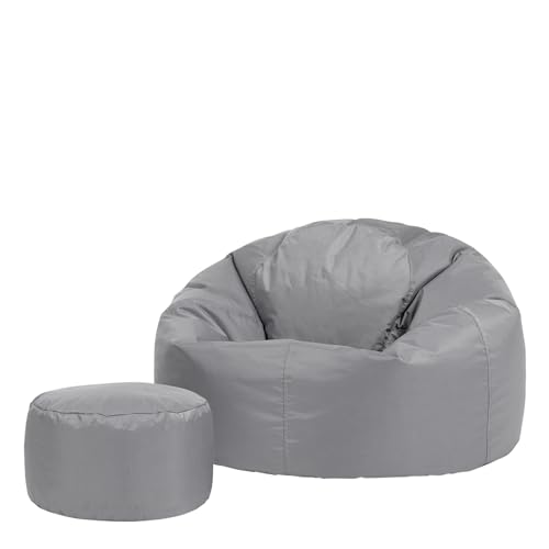 Bean Bag Bazaar Klassischer Sitzsack mit Hocker, Grau, Sitzsack für Erwachsene Groß, Sitzsack mit Füllung, Indoor Outdoor Sitzkissen Wasserabweisend von Bean Bag Bazaar