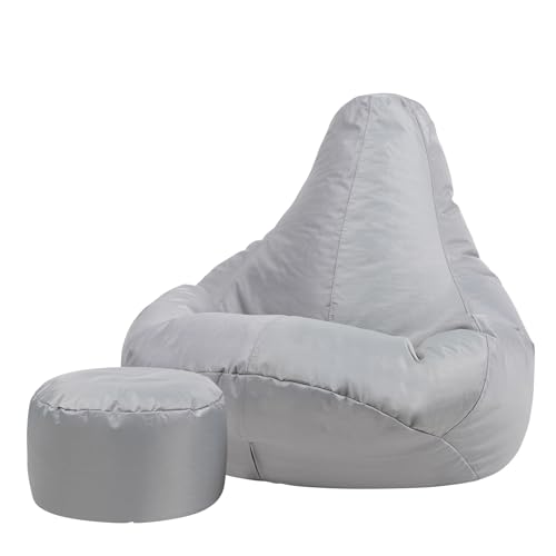 Bean Bag Bazaar Gaming Sitzsack „Recliner“, Gamer Sitzsack für Erwachsene und Kinder, Indoor Outdoor Sitzsack Sessel Gaming mit Füllung (Sitzsack + Hocker, Grau) von Bean Bag Bazaar