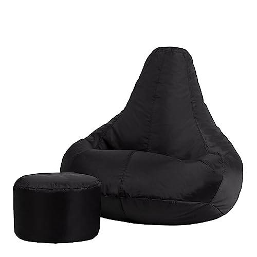 Bean Bag Bazaar Gaming Sitzsack „Recliner“ mit Hocker, Schwarz, Gamer Sitzsack für Erwachsene und Kinder, Indoor Outdoor Sitzsack Sessel Gaming mit Füllung von Bean Bag Bazaar