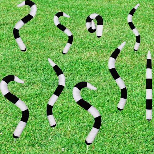 24 Stück 30,5 cm Halloween Sandwurm Pfahl Dekoration, schwarz und weiß gestreifte Pflanzenstecker Sandwurm Zweig Picks für Veranda, Gartendekoration (24) von BeapTcely