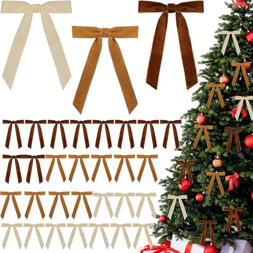 Weihnachts-Samtkranz-Schleifen, 12,7 x 17,8 cm, Vintage-Samtband, rustikales Handwerk, Geschenkschleifen für Urlaub, Weihnachtsbaum, Verpackung, Handwerk (Beige, Khaki, Braun, Breite 2,5 cm), 30 Stück von BeapTcely
