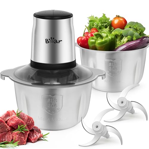 Bear 0.6L+2L Zerkleinerer Glas, 2 Geschwindigkeitsstufen, Häcksler mit 4-Edelstahlklingen und Fleischwolf, Glasbehälter Zerkleinerer für Fleisch,Babynahrung,Obst,Gemüse,Elektrisch Mini chopper von Bear
