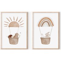 Bilder Set Kinderzimmer Tiere Im Heißluftballon A5, A4, A3, A2 | Poster Boho Regenbogen Babyzimmer Wanddeko von BearNatureDE