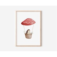 Poster Kinderzimmer Igel Im Pilzheißluftballon A4 & A3 | Wandbilder Set Bilder Kinderzimmerbilder Boho Waldtiere Babyzimmer Wanddeko von BearNatureDE