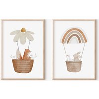 Poster Set Kinderzimmer Tiere Im Heißluftballon | Boho Regenbogen Babyzimmer Wanddeko Kinderposter von BearNatureDE