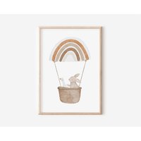 Poster Kinderzimmer Hase & Gans Im Regenbogen-Ballon | Wandbild Boho Tiere Babyzimmer Deko Heißluftballon Natur Kinderzimmerbilder von BearNatureDE