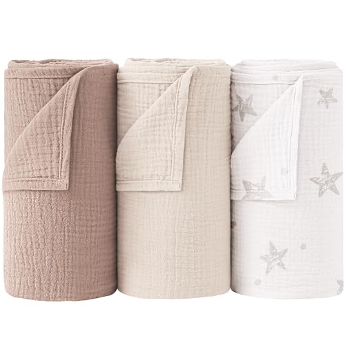 Bearmoss Baby Pucktuch Musselin Decke 100% Baumwolle Dünne Atmungsaktive Babydecke Baby Swaddle Decke Tücher für Junge und Mädchen 3 Stück 96x102cm (Apricotfarbene Sterne) von Bearmoss