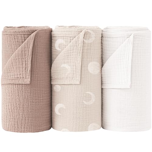 Bearmoss Baby Pucktuch Musselin Decke 100% Baumwolle Dünne Atmungsaktive Babydecke Baby Swaddle Decke Tücher für Junge und Mädchen 3 Stück 96x102cm (Mond) von Bearmoss