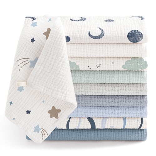 Bearmoss Moltontücher Baby 100% Baumwolle Weiche Spucktücher Baby,Atmungsaktiv und Extrem Saugfähig Musselin Tuch für Saugstark Mulltücher 10er 25 * 25cm (BlauGrün) von Bearmoss