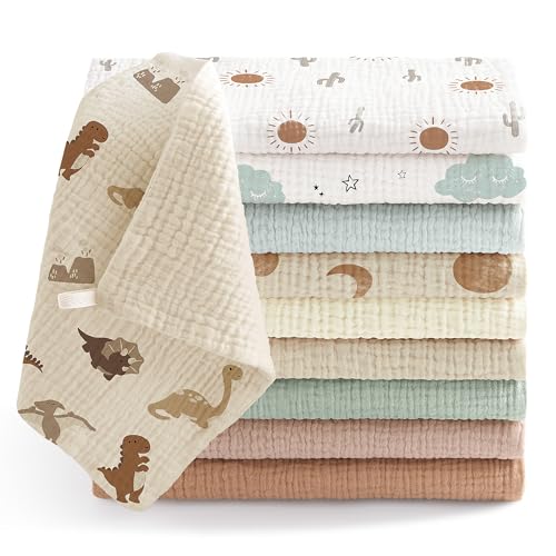 Bearmoss10 Stück Baby Musselin Waschlappen Moltontücher 100% Baumwolle Weiche Spucktücher Baby,Atmungsaktiv und Extrem Saugfähig Musselin Tuch für Saugstark Mulltücher 25 x25cm(BraunGrün) von Bearmoss