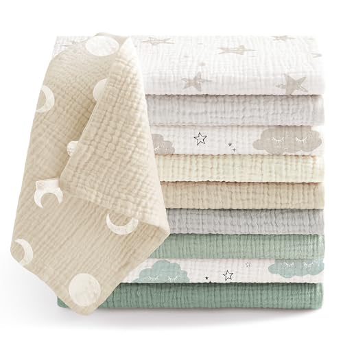 Bearmoss10 Stück Baby Musselin Waschlappen Moltontücher 100% Baumwolle Weiche Spucktücher Baby,Atmungsaktiv und Extrem Saugfähig Musselin Tuch für Saugstark Mulltücher 25 x25cm(GrauGrün) von Bearmoss
