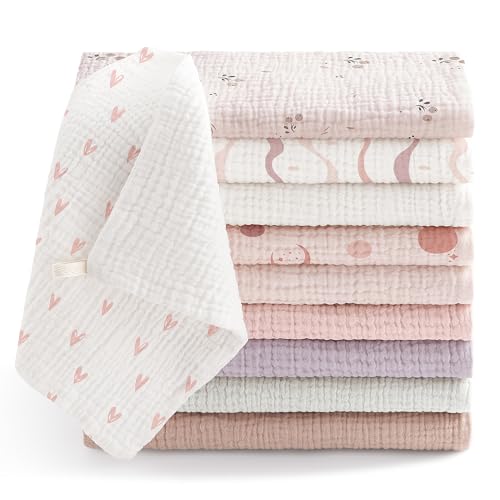 Bearmoss10 Stück Baby Musselin Waschlappen Moltontücher 100% Baumwolle Weiche Spucktücher Baby,Atmungsaktiv und Extrem Saugfähig Musselin Tuch für Saugstark Mulltücher 25 x25cm(Rosa-Violett) von Bearmoss