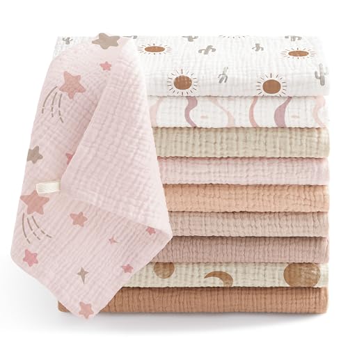 Bearmoss10 Stück Baby Musselin Waschlappen Moltontücher 100% Baumwolle Weiche Spucktücher Baby,Atmungsaktiv und Extrem Saugfähig Musselin Tuch für Saugstark Mulltücher 25 x25cm(RosaBraun) von Bearmoss