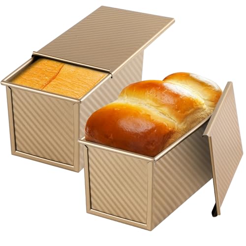 Beasea Pullman Kastenform 2 Stück, 0,5 kg Antihaft-Brotpfanne mit Deckel, Karbonstahl, goldfarbene Toastbox-Form mit Deckel für Backformen, Brot, Backwerkzeuge zum Backen im Ofen von Beasea