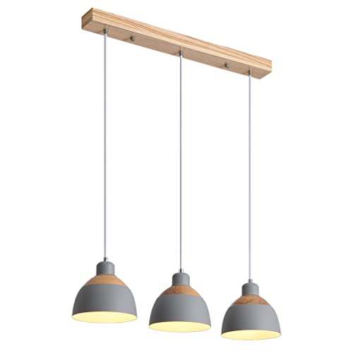 Pendelleuchte Vintage Holz Metall Grau Pendellampe Industrie E27 Fassung 3-Flammig Hängeleuchte Höhenverstellbar Esstisch-Lampe für Esszimmer Küche Cafe Theke Innen Dekor Decken-Beleuchtung von Beasiu-Eletro