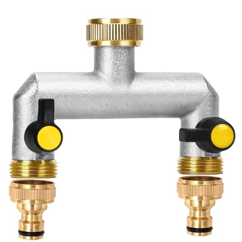 2-Wege Wasserhahn Wasserverteiler, 3/4 Zoll Messing Wasserverteiler für 2 Geräte/Gartenschläuche mit Kugelhahn, mit 2er Gartenschlauch Wasserhahn-Anschluss Adapter für Garten Bewässerung System von Beatific