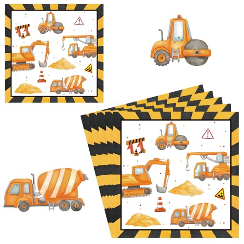 60 Stück Bagger Servietten, Bagger Bulldozer Radlader Servietten für Junge, Buntes Papiergeschirr für den Kindergeburtstag, Einweg Servietten, Thema Baustelle, 33 x 33 cm von Beatific