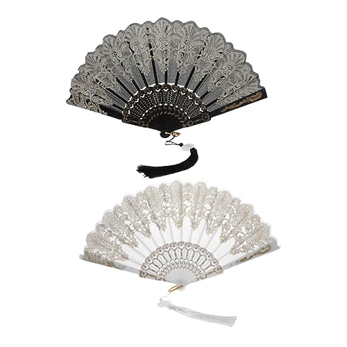 Beatifufu 2 Stück Chinesische Faltfächer mit gesticktem Blumenmuster, faltbare Handfächer für Damen, orientalische Tanz-Dekorationsfächer mit goldverziertem Weiß und Schwarz, langlebig und von Beatifufu