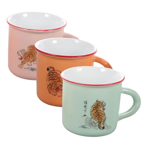 Beatifufu 3 Stück Keramik Wasserbecher Buntes Retro Design mit Tiermotiv Spülmaschinenfest Kleine Tassen für Schule und Zuhause für Wasser Saft und Tee von Beatifufu