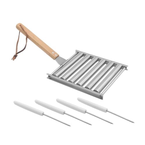 Beatifufu Edelstahl Hot Dog Dreher mit Abnehmbarem Grillrost und Grillspießen Holzgriff Gleichmäßiges Tragbar für Holzkohlegrill und Outdoor Bbq Wurstgrill Zubehör von Beatifufu
