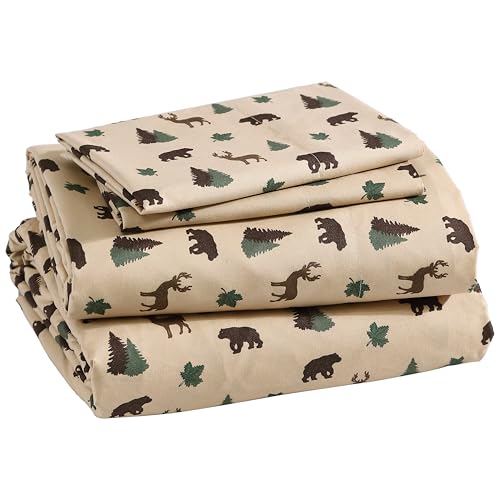 Beatrice Home Fashions Cozy Cabin 4-teiliges Queen-Bettwäsche-Set aus Mikrofaser mit tiefen Taschen, rustikales Patchwork-Plaid, Hirsch, Braun/Hellbraun von Beatrice Home Fashions