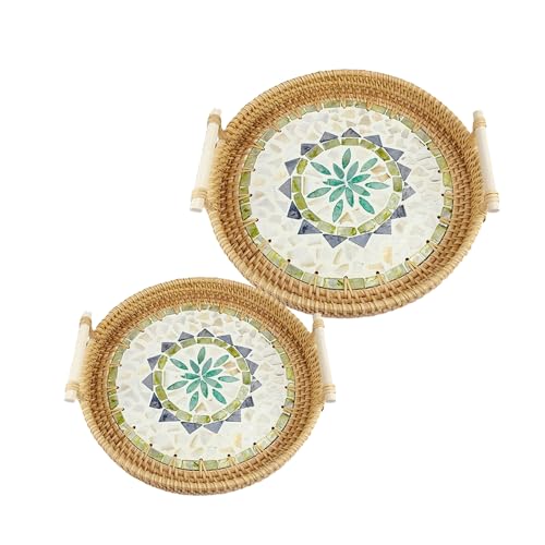 BeauFairy 2PCS Rundes Rattan Serviertablett mit Griffen, Perlmutteinlage Handgeflochtenes Boho Korbtablett, Gewebtes Tablett für Home Dekoratives Kaffee Früchte Lebensmittel Lagerung Tisch, 22/24CM von BeauFairy