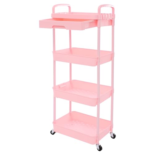 4 Etagen Rollwagen Aufbewahrungswagen mit Schublade Multifunktionswagen Küchenrollwagen Beistellwagen mit Rollen, 15kg Tragfähigkeit, für Schlafzimmer, Büros, Balkone, Küchen usw (rosa) von Beaudreaul