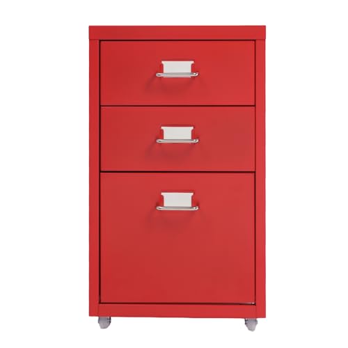 Aktenschrank mit 3 Schubladen Mobiler Metallschrank Rollcontainer Büroschrank Druckertisch, Tragkraft pro Ebene 5 kg, für meisten Tische und Schreibtische (Rot) von Beaudreaul