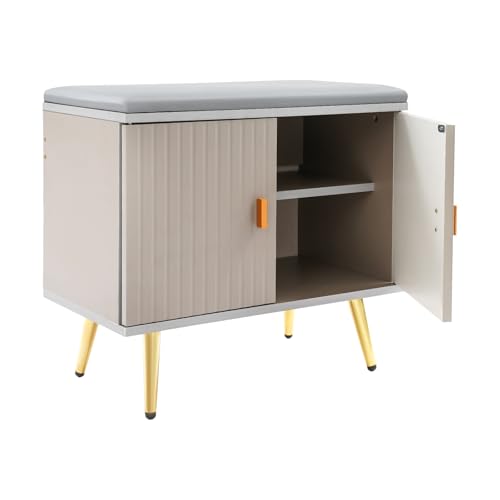 Beaudreaul Schuhbank, Schuhaufbewahrungsbank mit Sitzkissen aus PU, 2 Ebenen Schuhwechselbank, Gesamtbelastbarkeit 100 kg, für Wohnzimmer, Eingangsbereiche, Flure usw, 60 * 30 * 50cm (Hellgrau+Gold) von Beaudreaul