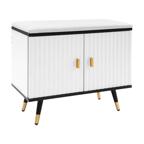 Schuhbank, Schuhaufbewahrungsbank mit Sitzkissen aus PU, 2 Ebenen Schuhwechselbank, Gesamtbelastbarkeit 100 kg, für Wohnzimmer, Eingangsbereiche, Flure usw, 60*30*50cm (Schwarz+Weiß+Gold) von Beaudreaul