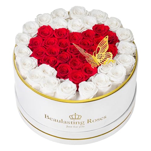 Konservierte Blumen 47 Stück Forever Echte Rosen in Wildlederbox Geschenk für Sie Frau Freundin Mama Geburtstag (Rot) von Beaulasting Roses