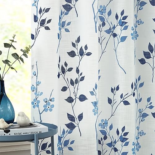 Beauoop Navy Blau Voile Vorhänge Blätter Blumen Muster Leinenoptik Vorhänge mit Ösen für Wohnzimmer Botanisch Halbtransparent Ösenvorhang für Bauernhaus Schlafzimmer 2er Set, 127 x 175cm (HxB) von Beauoop