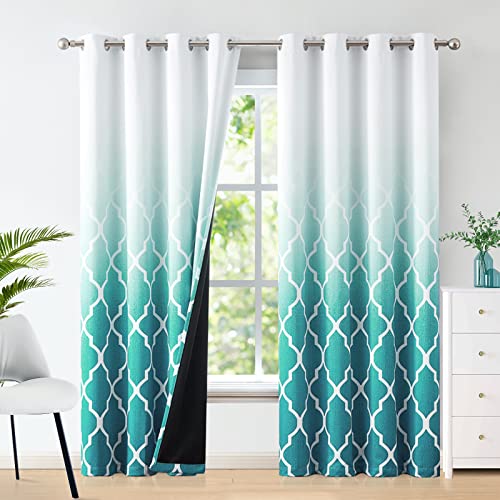 Beauoop Türkis Blickdicht Vorhänge mit Farbverlauf Geometrische Fliesendruck Muster Lichtundurchlässige Vorhang mit Ösen VerdunkelungsVorhänge für Schlafzimmer Wohnzimmer 2er Set, 132 x 245 cm (HxB) von Beauoop