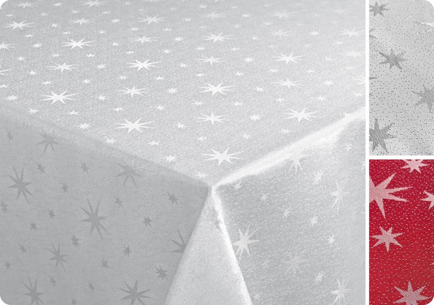 Beautex Tischdecke Lurex Sterne Tischdecke, Silber glänzend, Weihnachtstischdecke (6-tlg) von Beautex