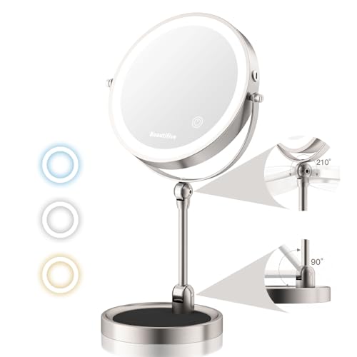 Beautifive 10" Kosmetikspiegel mit Beleuchtung, 12X/1X Vergrößerungsspiegel mit Höhe Winkel einstellbar & 3 Farbe dimmbar, 360° Schwenkbar Wiederaufladbare Doppelseitiger Tischspiegel von Beautifive
