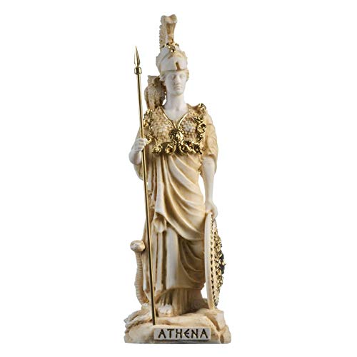 Athena mit Eule, Medusa-Schild, griechische Göttin, Alabaster, Statue, Gold, 26,9 cm von BeautifulGreekStatues