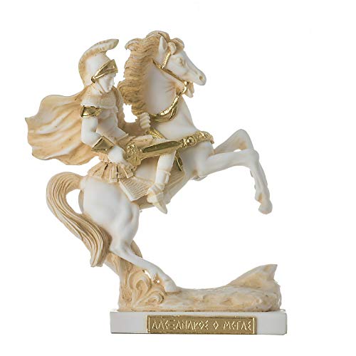 BeautifulGreekStatues Alexander der Große von Mazedonien in seinem Pferd Bucephalus Statue Goldton 18cm von BeautifulGreekStatues