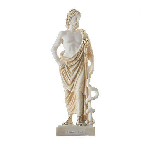 BeautifulGreekStatues Asclepius Griechischer Gott der Medizin Alabaster H/m Goldton Museum Kopie Statue 23cm von BeautifulGreekStatues