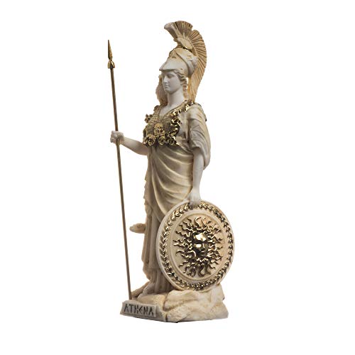 BeautifulGreekStatues Athena mit Eule, Medusa mit Schild, griechische Göttin, Alabaster, Statue, Gold, 17 cm von BeautifulGreekStatues