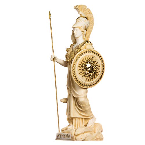 BeautifulGreekStatues Athena mit Eule, Medusa mit Schild, griechische Göttin, Alabaster, Statue, Gold, 37 cm von BeautifulGreekStatues