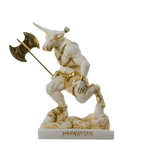 BeautifulGreekStatues Minotaur griechische Mythologie mit Labrys Statue Gold Alabaster 15 cm von BeautifulGreekStatues