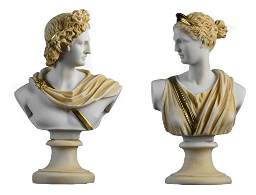 Set 2 Büsten Artemis Diana und Apollo Griechische Statuen Figur Götter Alabaster Gold von BeautifulGreekStatues