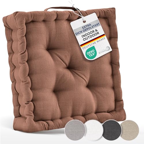 Beautissu 2er Set Bodenkissen Sitzkissen 50x50 cm - Dickes Matratzenkissen 10cm - 100% Baumwolle Stuhlkissen Indoor & Outdoor Sitzkissen Boden Tragegriff extra Dicke Sitzauflagen Braun - Mila von Beautissu