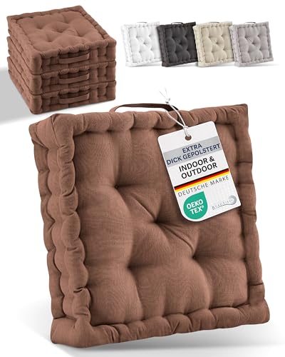 Beautissu 4er Set Bodenkissen Sitzkissen 40x40 cm - Dickes Matratzenkissen 8cm - 100% Baumwolle Stuhlkissen Indoor & Outdoor Sitzkissen Boden Tragegriff extra Dicke Sitzauflagen Braun - Mila von Beautissu