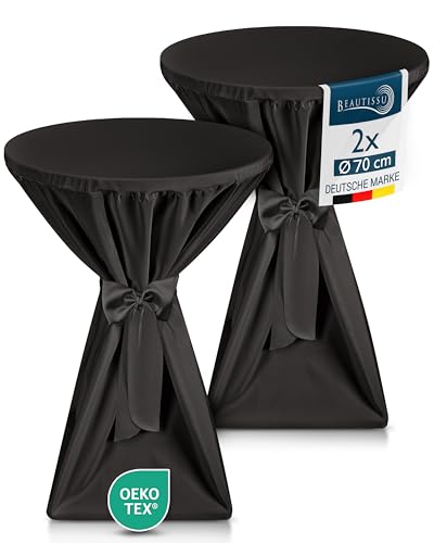Beautissu 2X Premium Stehtischhusse Blickdicht Schwarz Ø 70-75 cm – rutschfest Bügelfrei & 40°C Waschbar Stehtischüberzug mit Schleifenband – Husse für Stehtisch Bistrotisch Bartisch Gastronomie von Beautissu