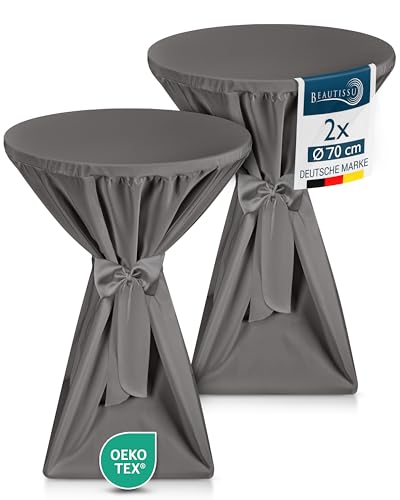 Beautissu 2X Premium Stehtischhussen 70 cm Blickdicht Anthrazit – Tischhussen für Stehtische 70 cm rutschfest Bügelfrei & Waschbar Stehtischüberzug Schleifenband – Husse für Stehtisch Bistrotisch von Beautissu